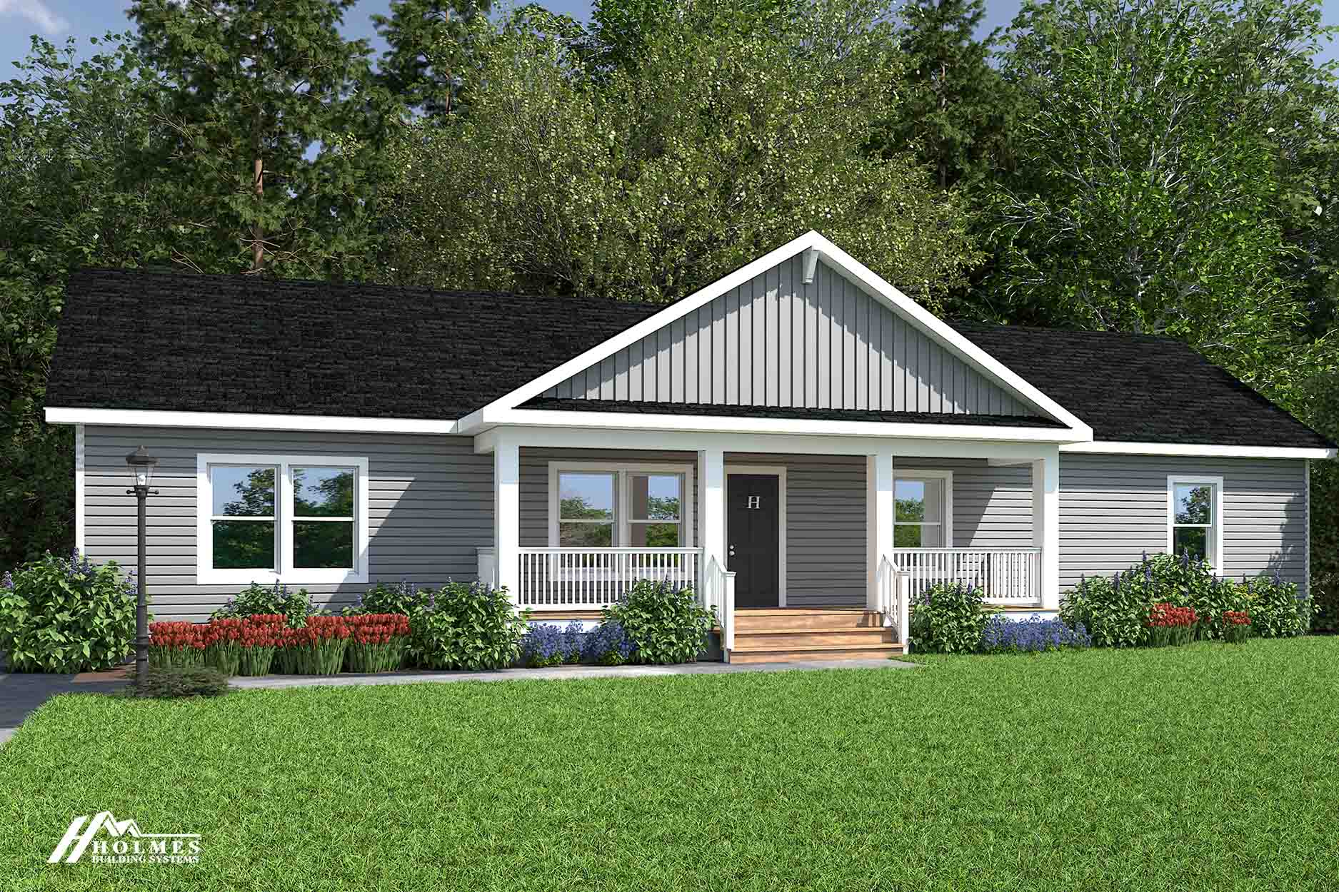 Single-story gray modular home rendering with white trim, a front porch, and steps, surrounded by green lawn and shrubs.